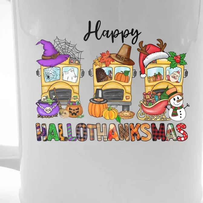 Happy Hallothanksmas School Bus Halloween Thanksgiving Christmas Front & Back Beer Stein