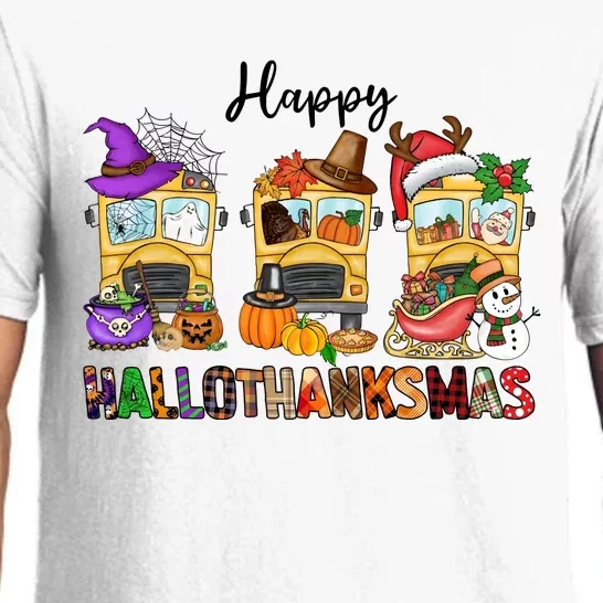 Happy Hallothanksmas School Bus Halloween Thanksgiving Christmas Pajama Set