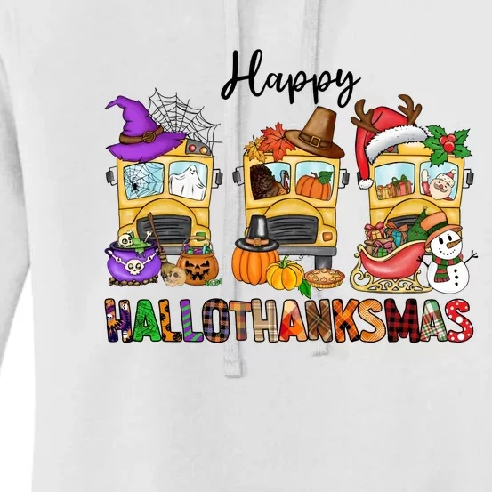 Happy Hallothanksmas School Bus Halloween Thanksgiving Christmas Women's Pullover Hoodie