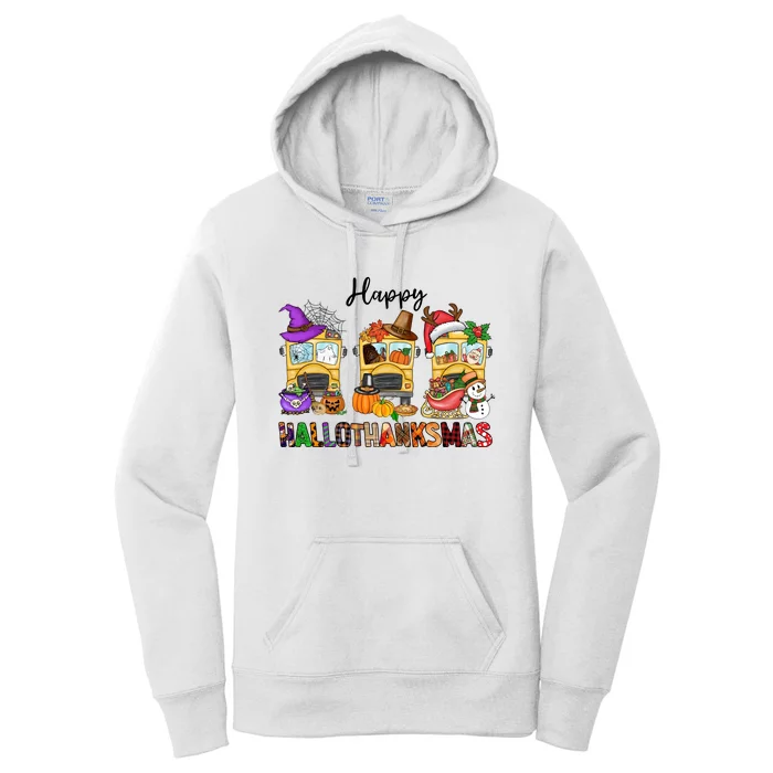 Happy Hallothanksmas School Bus Halloween Thanksgiving Christmas Women's Pullover Hoodie