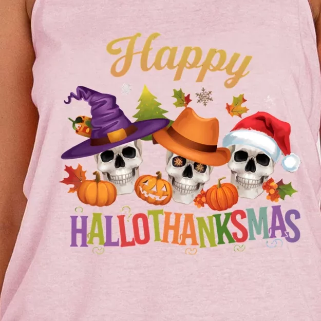 Happy Hallothanksmas Skull Halloween Thanksgiving Xmas Funny Gift Women's Knotted Racerback Tank