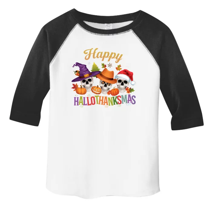 Happy Hallothanksmas Skull Halloween Thanksgiving Xmas Funny Gift Toddler Fine Jersey T-Shirt