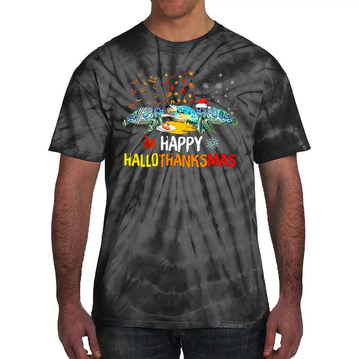 Happy Hallothanksmas Santa Turtle Halloween Thanksgiving Tie-Dye T-Shirt