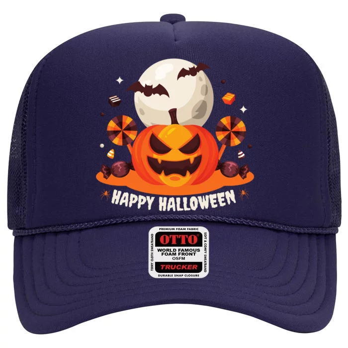 Happy Halloween Spooky Pumpkin Candy High Crown Mesh Trucker Hat