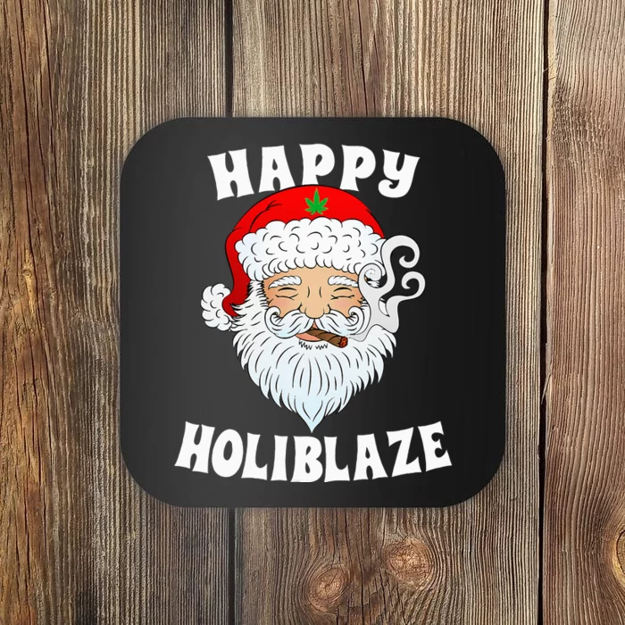 Happy Holiblaze Santa Smoking Weed Funny Christmas Coaster