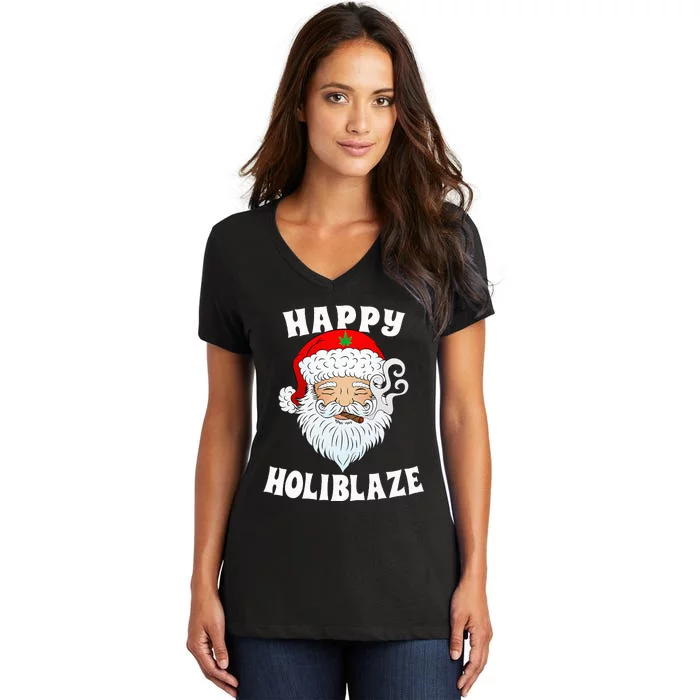 Happy Holiblaze Santa Smoking Weed Funny Christmas Women's V-Neck T-Shirt