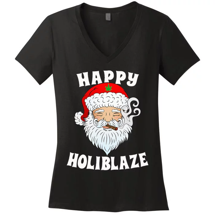 Happy Holiblaze Santa Smoking Weed Funny Christmas Women's V-Neck T-Shirt