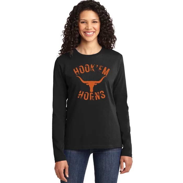 HookEm Horns State Of Texas Bull Head With Longhorns Design Ladies Long Sleeve Shirt