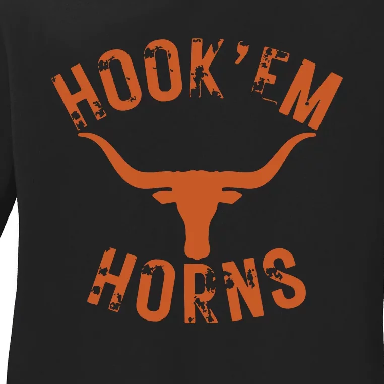 HookEm Horns State Of Texas Bull Head With Longhorns Design Ladies Long Sleeve Shirt