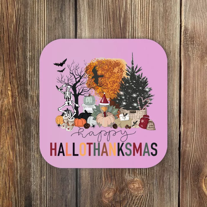 Happy Hallothanksmas Skeleton Turkey Christmas Halloween Coaster