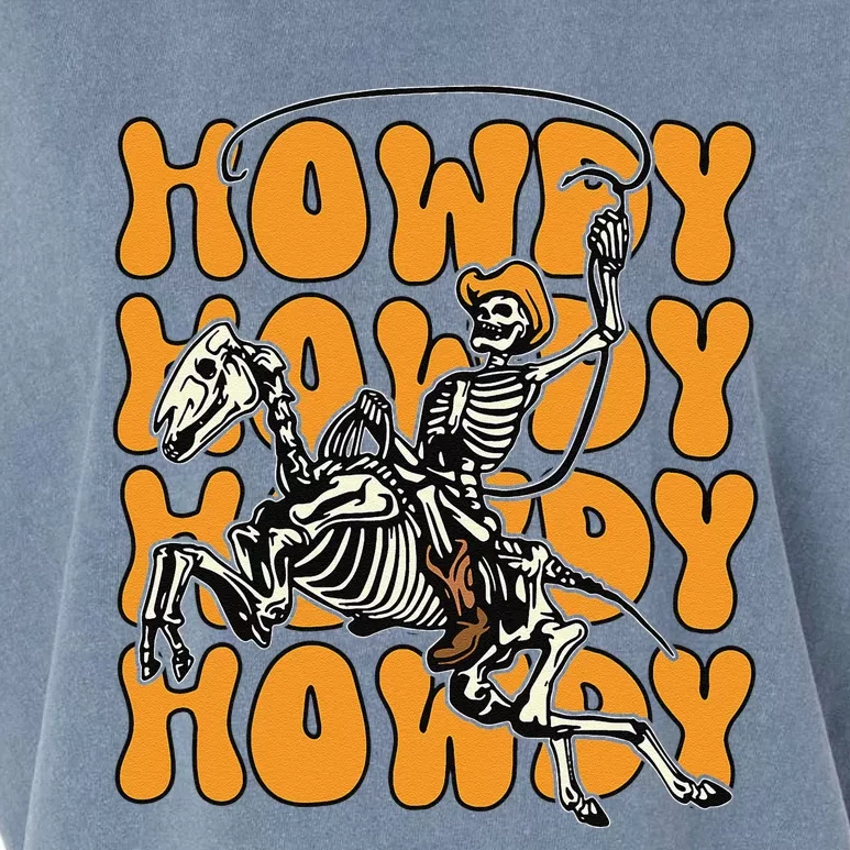 Halloween Howdy Skeleton With Horse Cowboy Hat Lasso Garment-Dyed Women's Muscle Tee