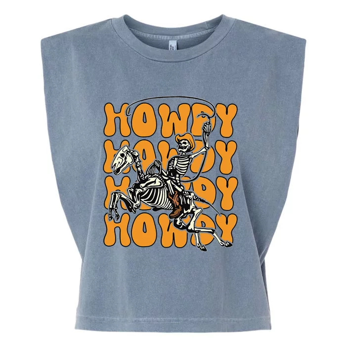 Halloween Howdy Skeleton With Horse Cowboy Hat Lasso Garment-Dyed Women's Muscle Tee