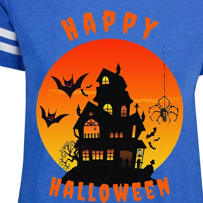 Happy Halloween Spooky Creepy Haunted House Spider Bats Enza Ladies Jersey Football T-Shirt