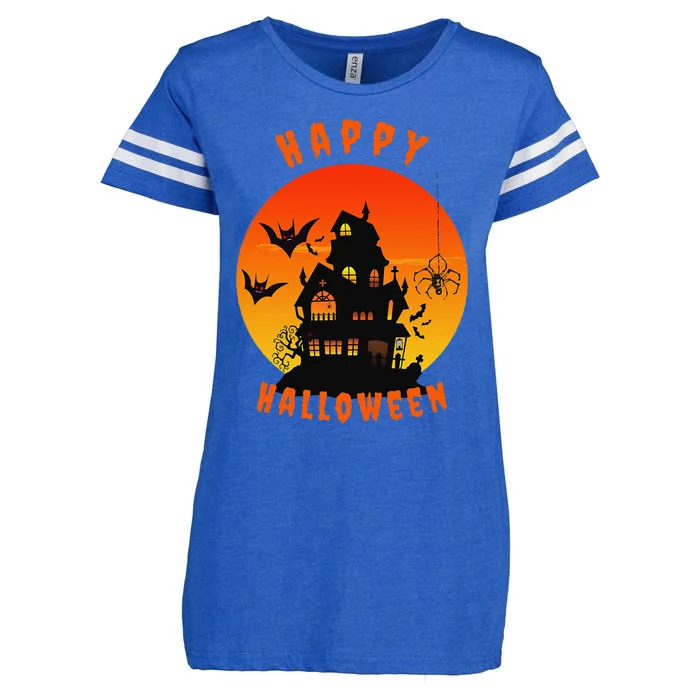 Happy Halloween Spooky Creepy Haunted House Spider Bats Enza Ladies Jersey Football T-Shirt