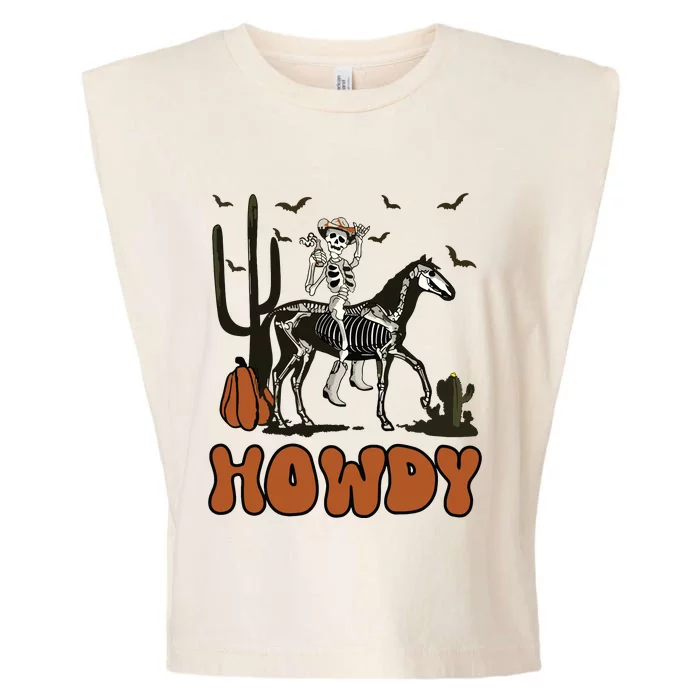 Halloween Howdy Skeleton With Horse And Cowboy Hat Garment-Dyed Women's Muscle Tee