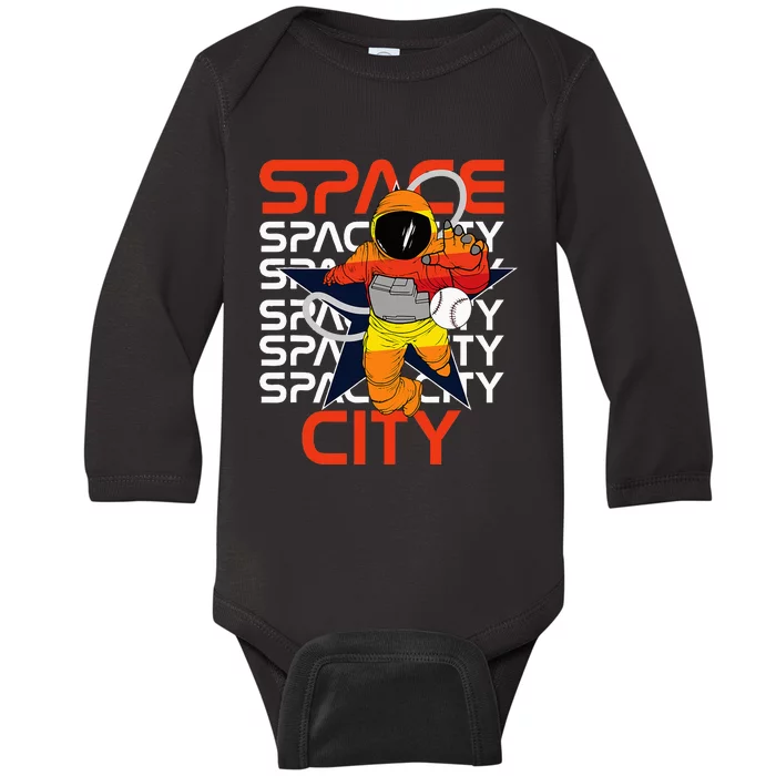 Htown Houston Space City Vintage Baseball Astronaut Baby Long Sleeve Bodysuit