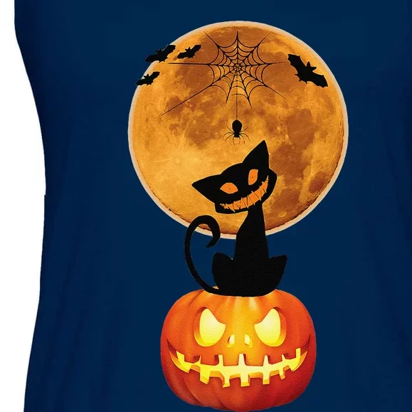 Happy Halloween Spooky Night Cat And Pumpkin Ladies Essential Flowy Tank