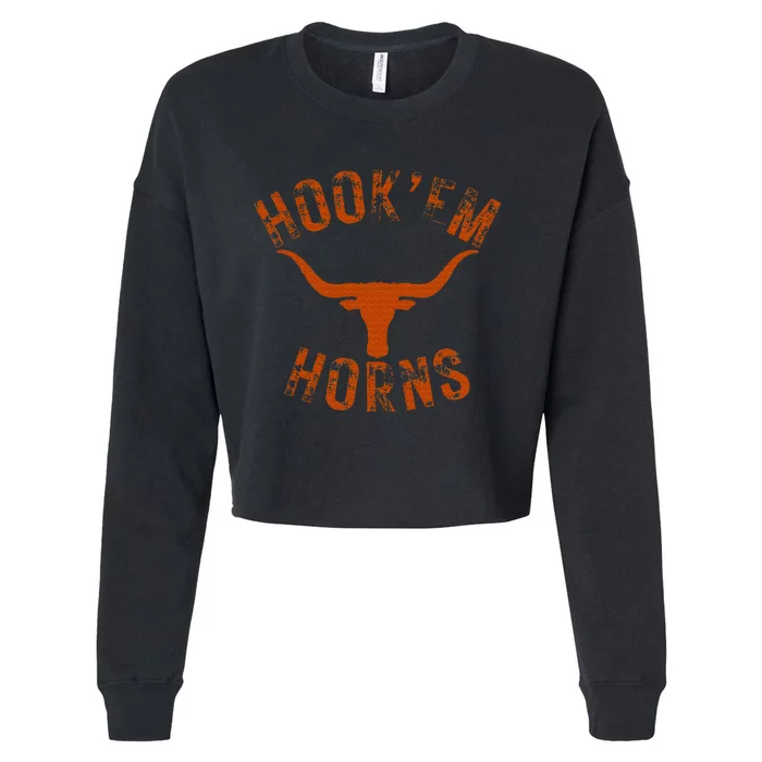 HookEm Horns State Of Texas Bull Head With Longhorns Cropped Pullover Crew