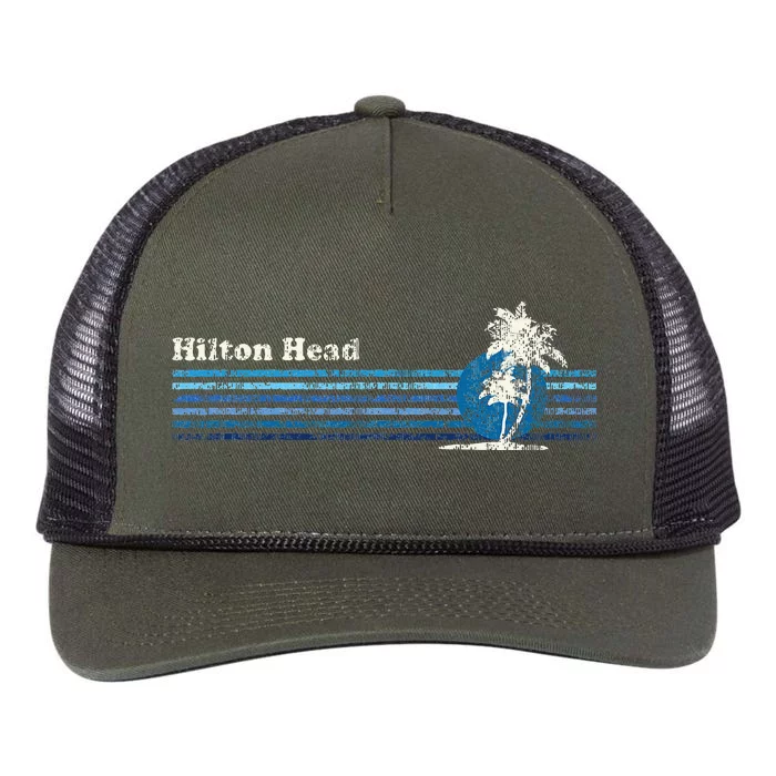 Hilton Head Sc Vintage 80s Palm Trees Sunset Retro Rope Trucker Hat Cap