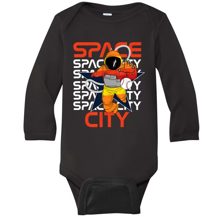 Town Houston Space City Vintage Baseball Astronaut Baby Long Sleeve Bodysuit