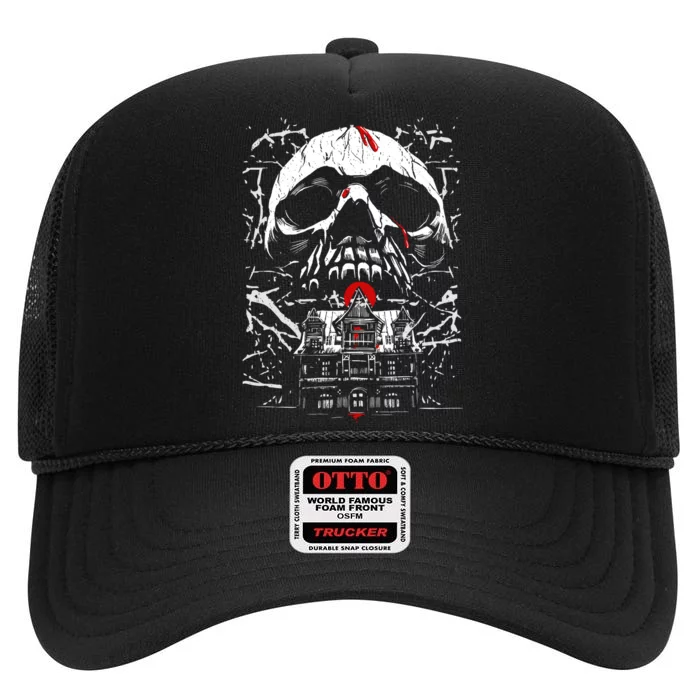 Haunted House Skull High Crown Mesh Trucker Hat