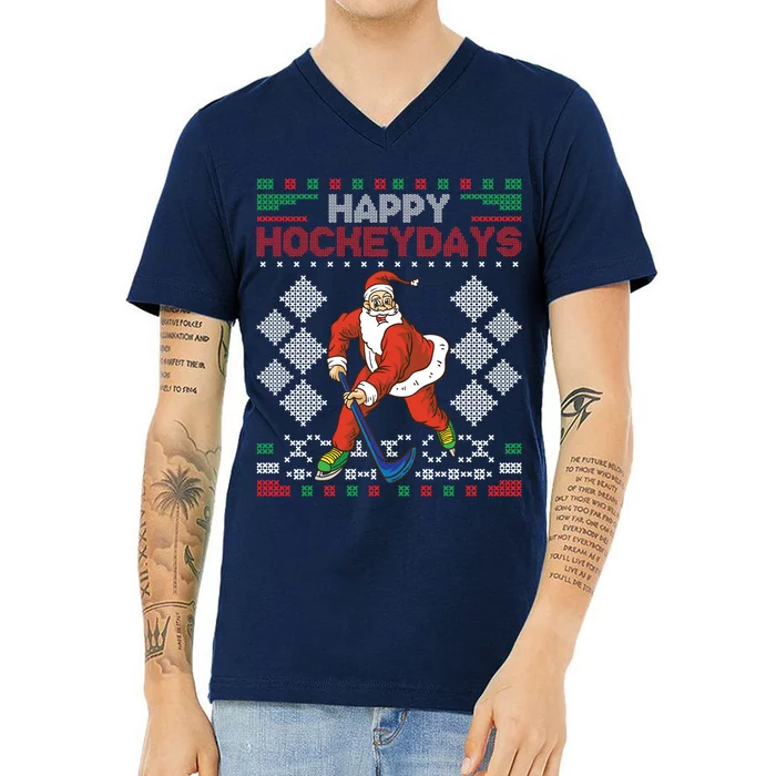 Happy Hockeydays Santa Christmas V-Neck T-Shirt