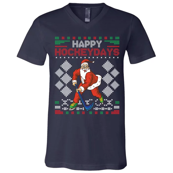 Happy Hockeydays Santa Christmas V-Neck T-Shirt