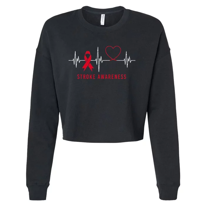 Heartbeat Heart Stroke Awareness Month Red Ribbon Support Cropped Pullover Crew