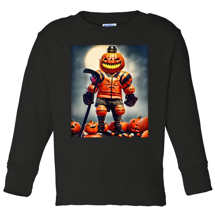 Halloween Hockey Season Pumpkin Player Toddler Long Sleeve Shirt