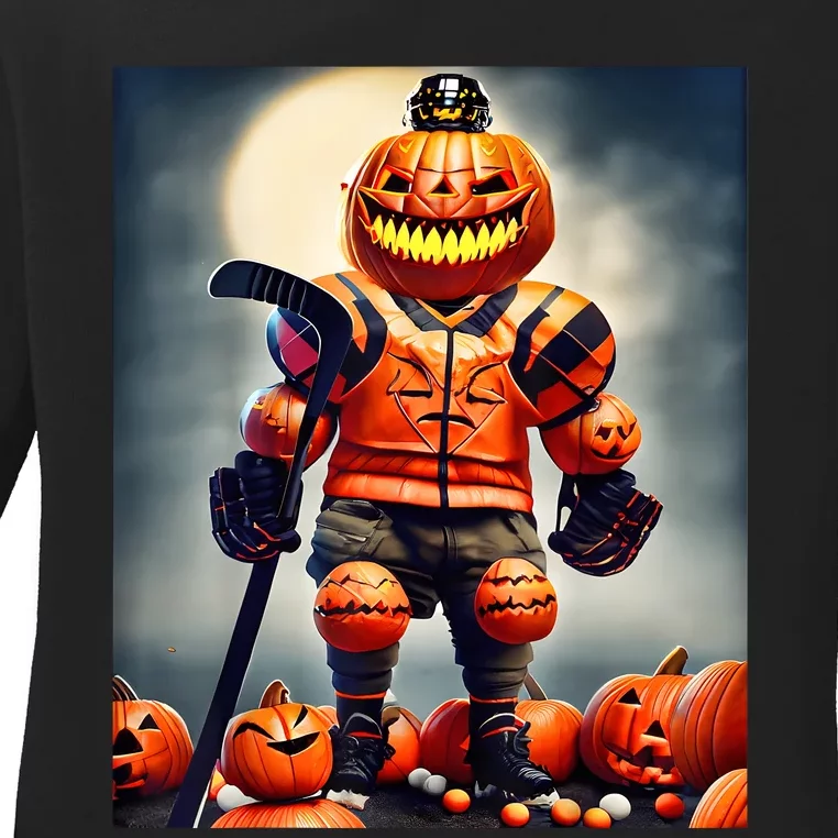 Halloween Hockey Season Pumpkin Player Ladies Long Sleeve Shirt