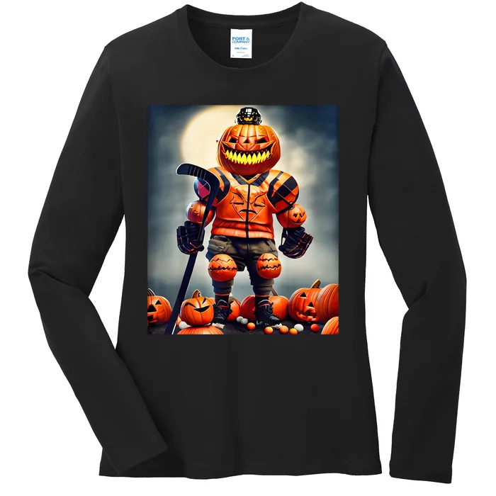 Halloween Hockey Season Pumpkin Player Ladies Long Sleeve Shirt