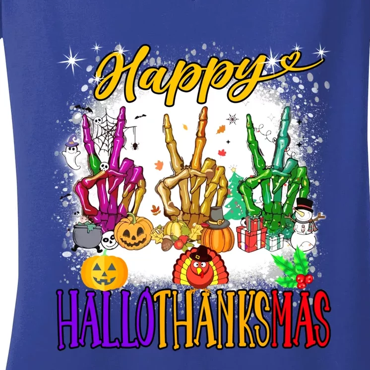 Happy Hallothanksmas Skeleton Halloween Thanksgiving Xmas Funny Gift Women's V-Neck T-Shirt