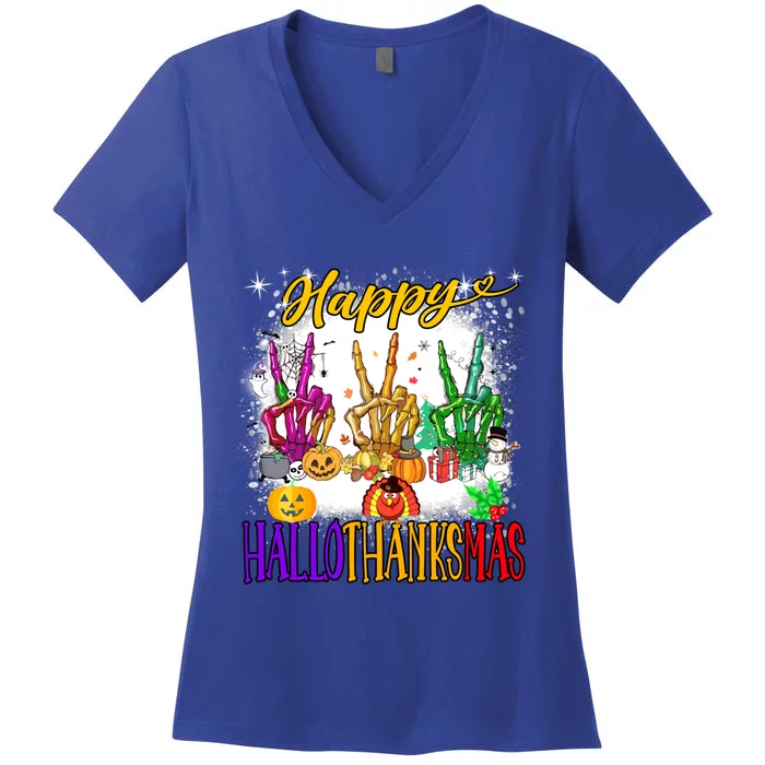 Happy Hallothanksmas Skeleton Halloween Thanksgiving Xmas Funny Gift Women's V-Neck T-Shirt