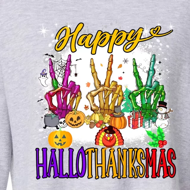 Happy Hallothanksmas Skeleton Halloween Thanksgiving Xmas Funny Gift Cropped Pullover Crew