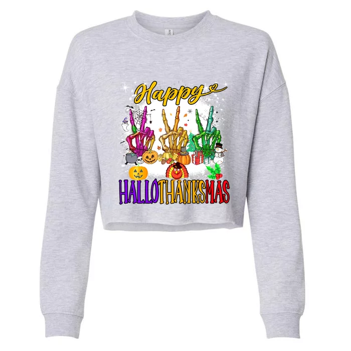 Happy Hallothanksmas Skeleton Halloween Thanksgiving Xmas Funny Gift Cropped Pullover Crew