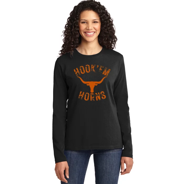 Hook'em Horns State of Texas Bull Head with Longhorns Design Ladies Long Sleeve Shirt