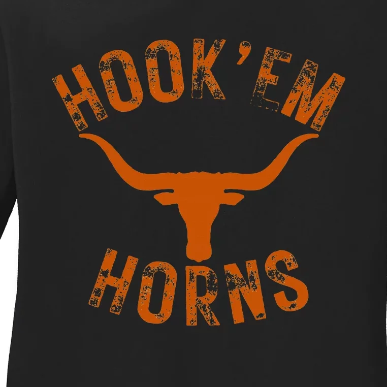 Hook'em Horns State of Texas Bull Head with Longhorns Design Ladies Long Sleeve Shirt