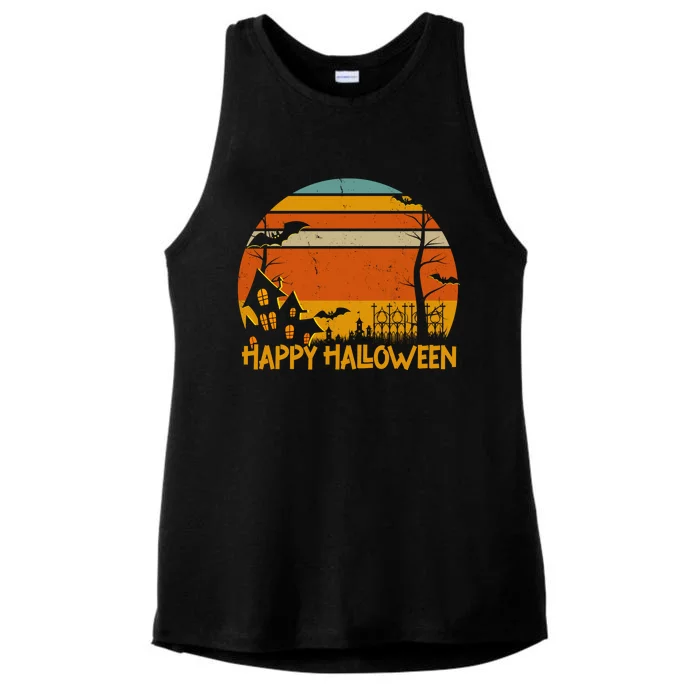 Happy Halloween Spooky Bats Vintage Sunset Ladies Tri-Blend Wicking Tank