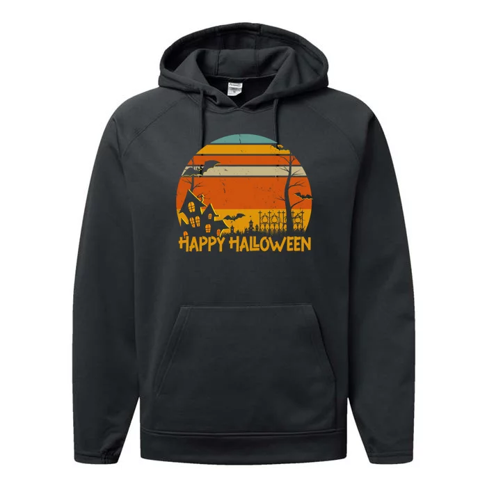 Happy Halloween Spooky Bats Vintage Sunset Performance Fleece Hoodie