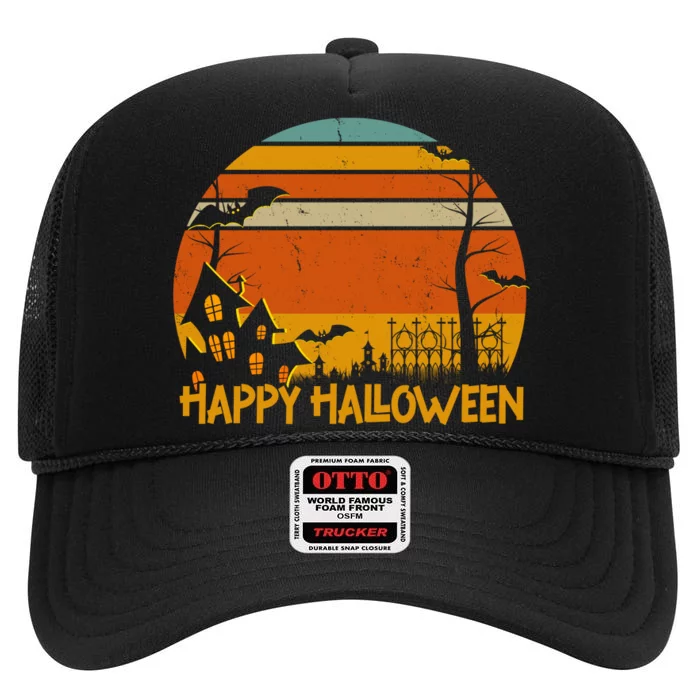 Happy Halloween Spooky Bats Vintage Sunset High Crown Mesh Trucker Hat