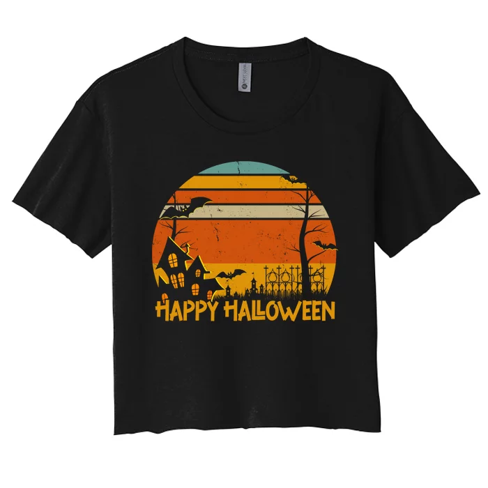 Happy Halloween Spooky Bats Vintage Sunset Women's Crop Top Tee