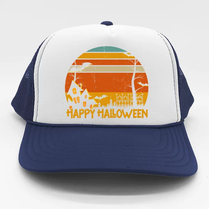 Happy Halloween Spooky Bats Vintage Sunset Trucker Hat