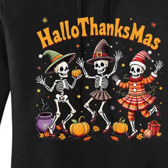 Happy Hallothanksmas Skeleton Dance Throw Pillows Halloween Women's Pullover Hoodie