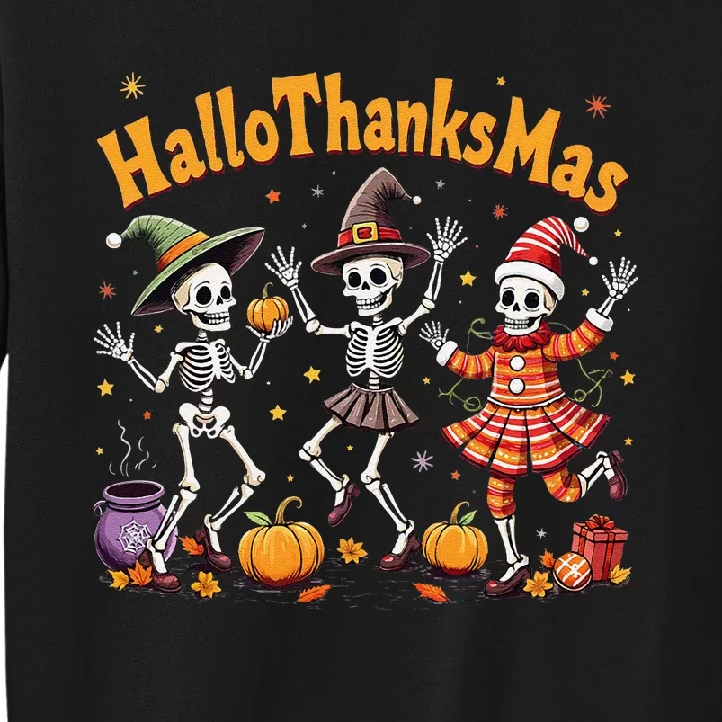 Happy Hallothanksmas Skeleton Dance Throw Pillows Halloween Tall Sweatshirt