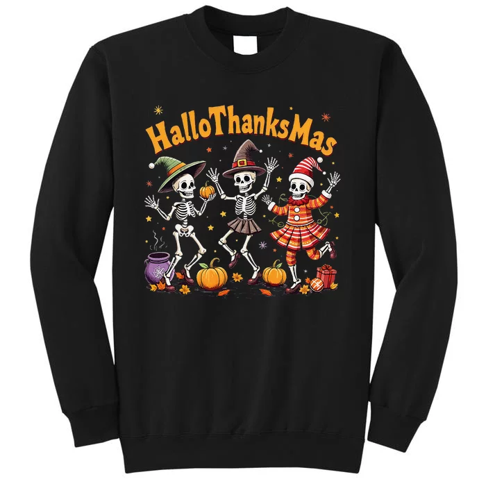 Happy Hallothanksmas Skeleton Dance Throw Pillows Halloween Tall Sweatshirt