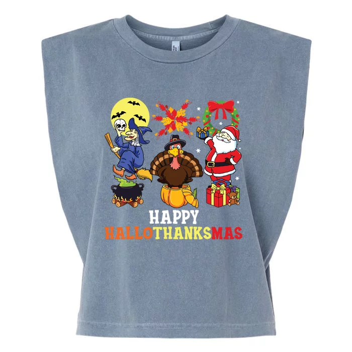 Happy Hallothanksmas Shirts Halloween Thanksgiving Christmas Garment-Dyed Women's Muscle Tee