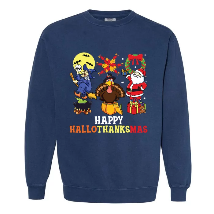 Happy Hallothanksmas Shirts Halloween Thanksgiving Christmas Garment-Dyed Sweatshirt