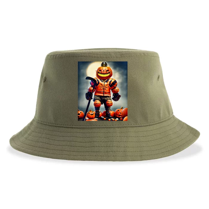 Halloween Hockey Season Pumpkin Player Sustainable Bucket Hat