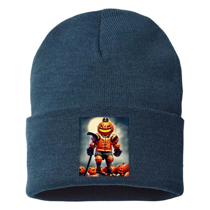 Halloween Hockey Season Pumpkin Player Sustainable Knit Beanie