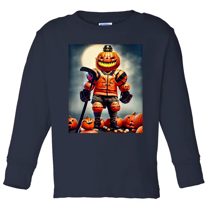 Halloween Hockey Season Pumpkin Player Toddler Long Sleeve Shirt